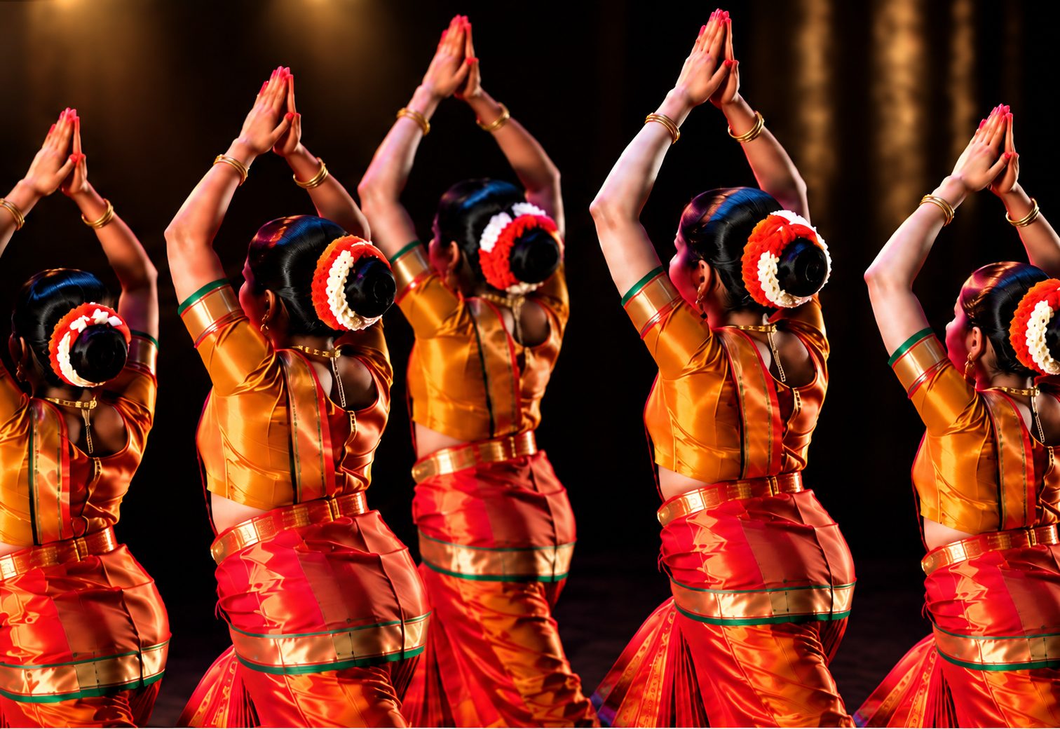 Bharatanatyam-danseressen in oranje kostuums, met de rug naar de camera en de handen boven het hoofd